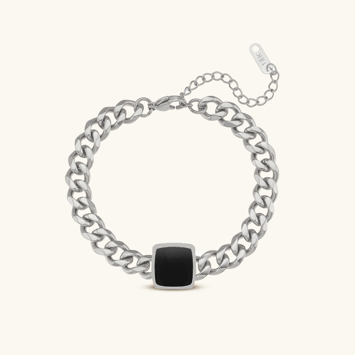Kubanisches Armband mit quadratischem Onyx-Anhänger – Silber